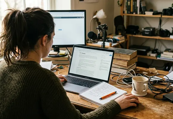 Content creation workspace, clean aesthetic, showing a laptop with draft text for a blog section